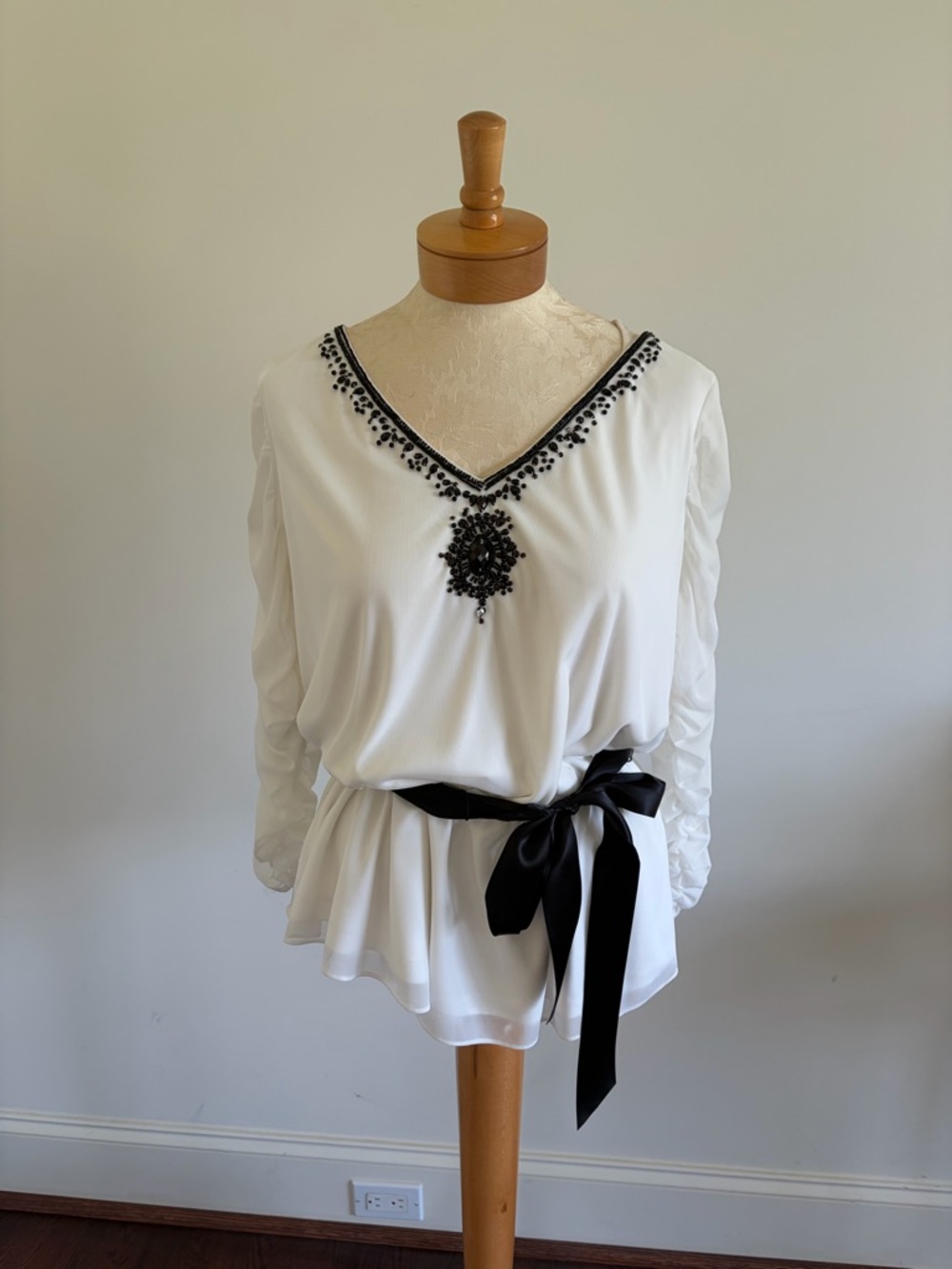 Adrianna Papell White Blouse with Black Beaded Detail and Black Sash
